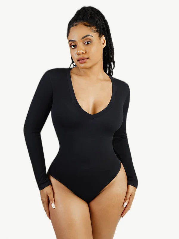 *Long Sleeved V-neck Waist Shaping Tummy Control Seamless Bodysuit