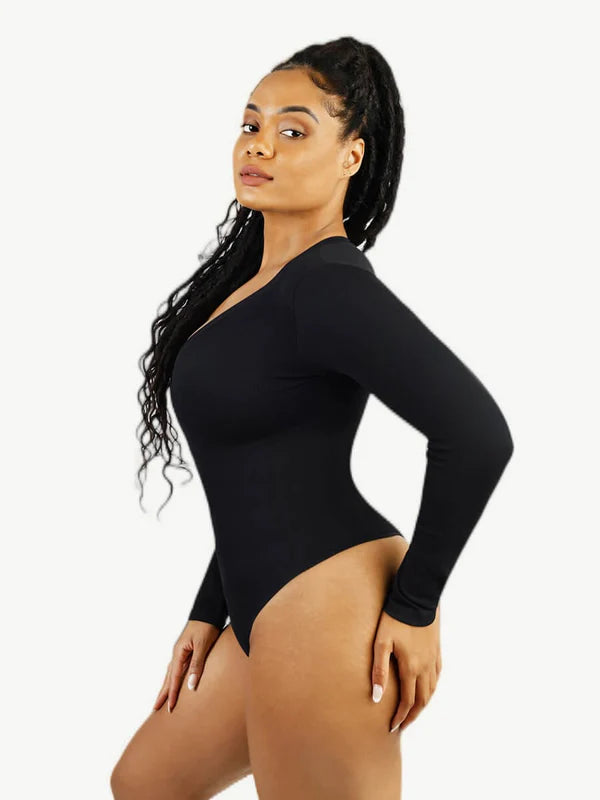 *Long Sleeved V-neck Waist Shaping Tummy Control Seamless Bodysuit