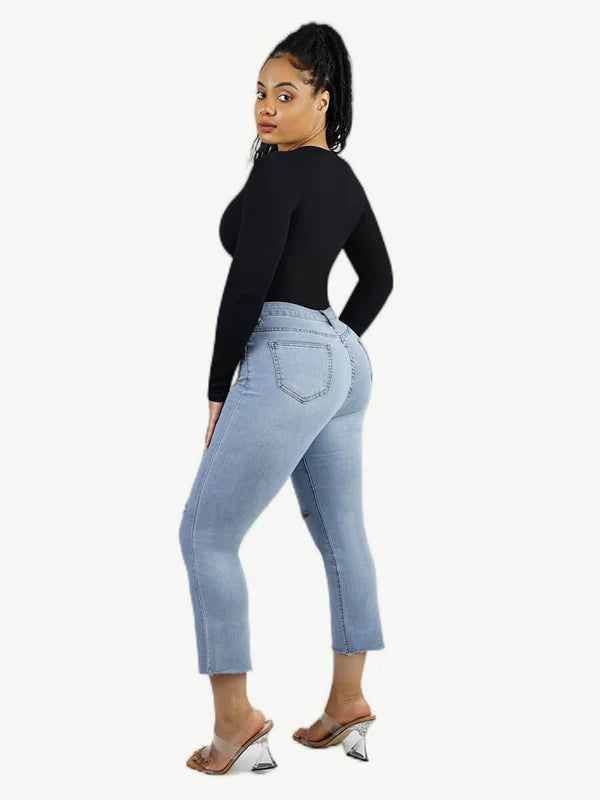 *Long Sleeved V-neck Waist Shaping Tummy Control Seamless Bodysuit