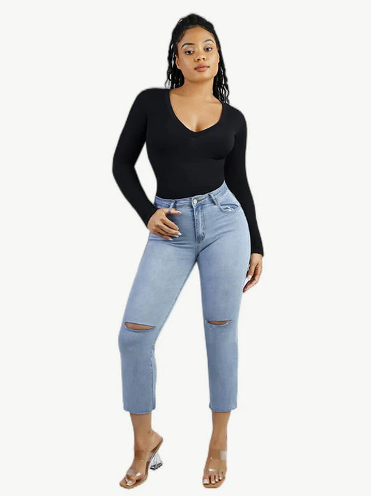 *Long Sleeved V-neck Waist Shaping Tummy Control Seamless Bodysuit