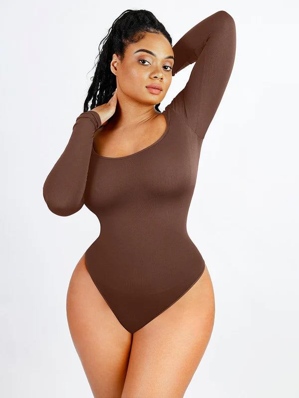 *Seamless Eco-friendly Square Neck Long Sleeve 360° Waist Control Thong Bodysuit