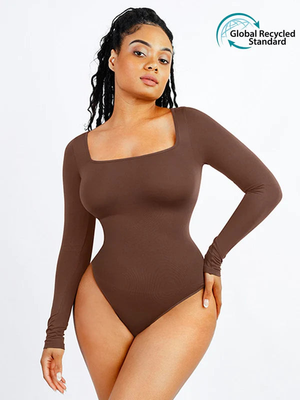 *Seamless Eco-friendly Square Neck Long Sleeve 360° Waist Control Thong Bodysuit